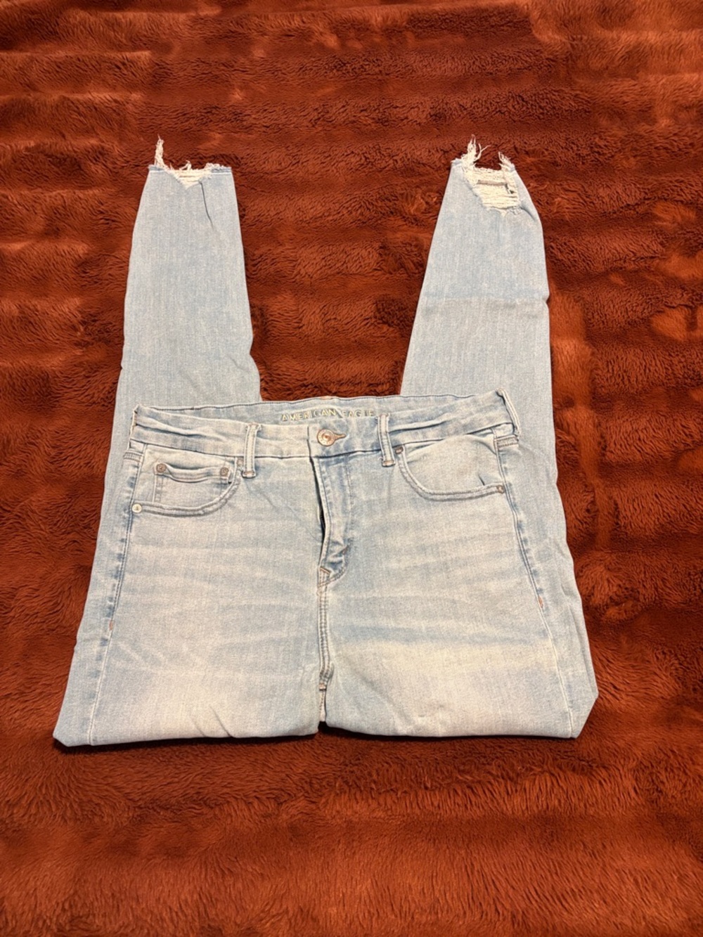 American Eagle Outfitters Light Wash Skinny Jeans with Distressed Ankles 14 LONG